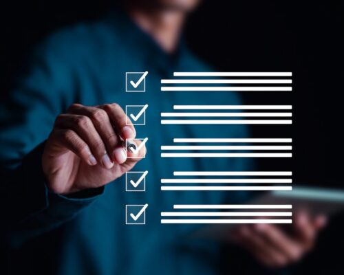 performance checklist, businessman using checklist survey, filling out digital form checklist, take an assessment, questionnaire, evaluation, online survey, online exam.;